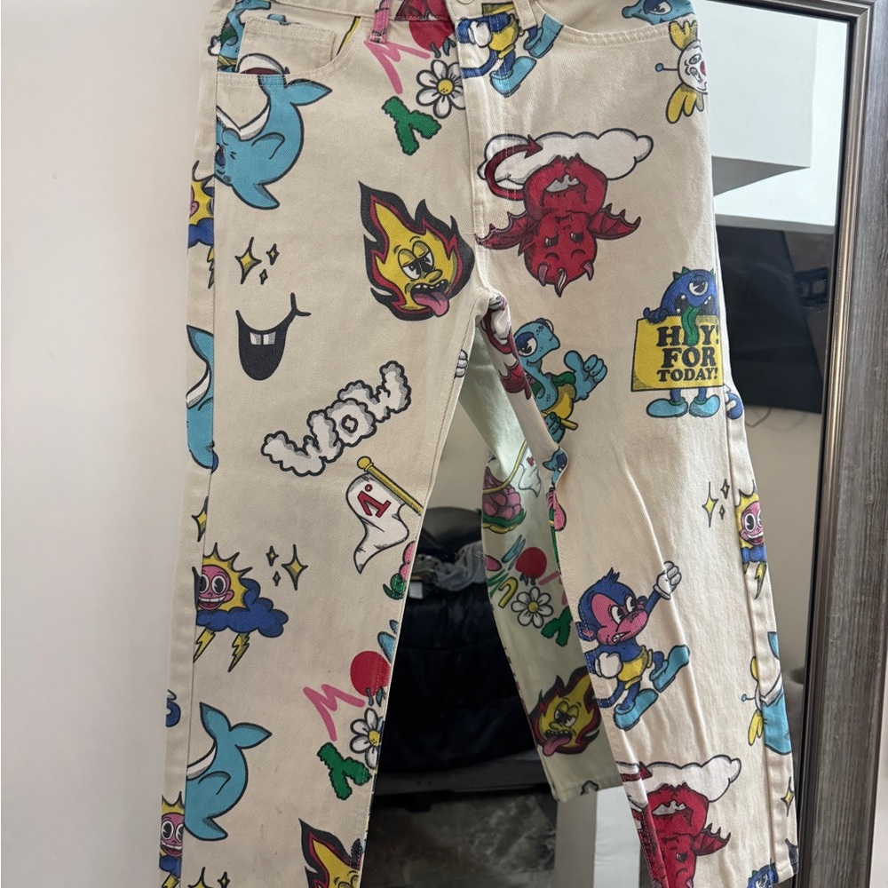 Bershka Cream Cartoon Print Jeans